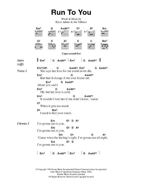 Run To You by Bryan Adams Sheet Music for Guitar Chords/Lyrics at Sheet Music Direct