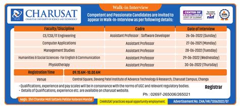 CHARUSAT Campus, Changa Wanted Assistant Professor/Software Developer (Walk-in interview ...