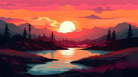 Premium Vector | Sunset over a lake with a mountain in the background