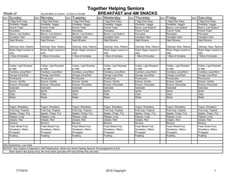 Meal Menu – Together Helping Seniors