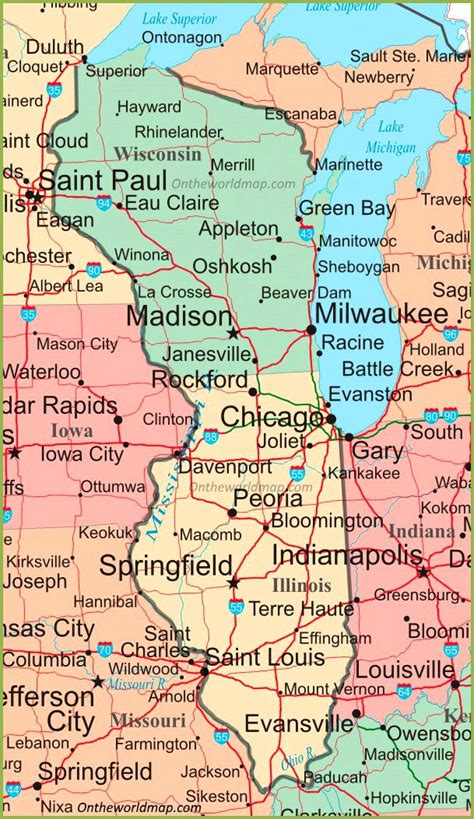 Map of Illinois and Wisconsin - Ontheworldmap.com