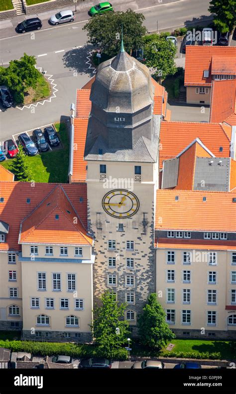 Aerial view, clock tower of Arnsberg District, Onion Dome, Arnsberg, Sauerland, Märkischer Kreis ...