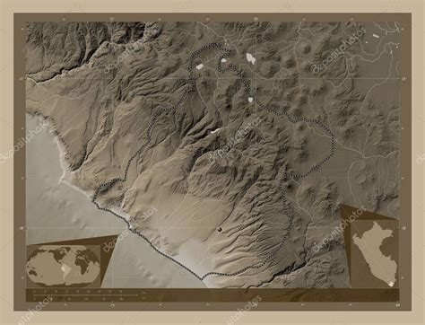 Tacna, region of Peru. Elevation map colored in sepia tones with lakes ...