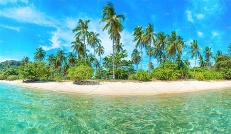 Panorama of beach on tropical island featuring island, beach, and ...