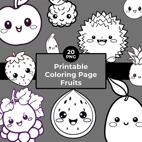 Clipart Coloring Page Kawaii Fruits Clipart Cute Fruits Black & White ...