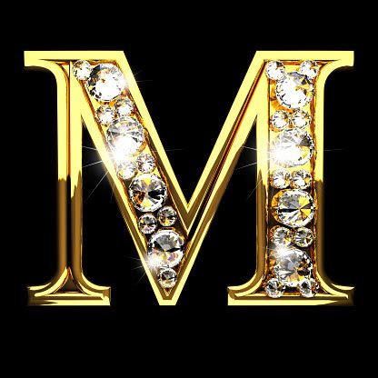 M Isolated Golden Letters With Diamonds On Black Stock Photo - Download Image Now - iStock