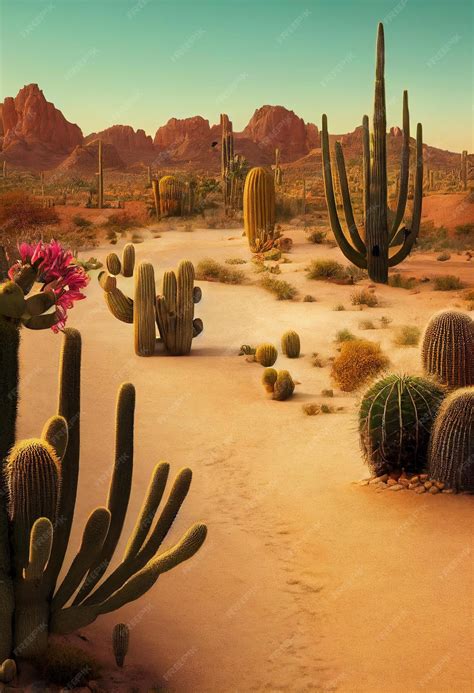 Premium Photo | An arid landscape of the hot sahara desert cacti and sand with dunes sunset over ...