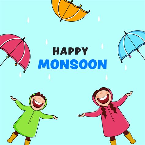 Happy Monsoon Poster Design With Cheerful Kids Wearing Raincoat And ...