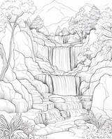 Premium Photo  Rocky Waterfall In Forest Black And White Coloring Page sketch template