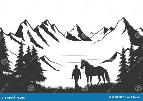 Mountain Lake Silhouette Graphic Art Black White Landscape Illustration Vector. Mountain and ...