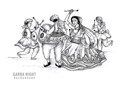 Beautiful couple playing dandiya in disco garba night sketch background ...