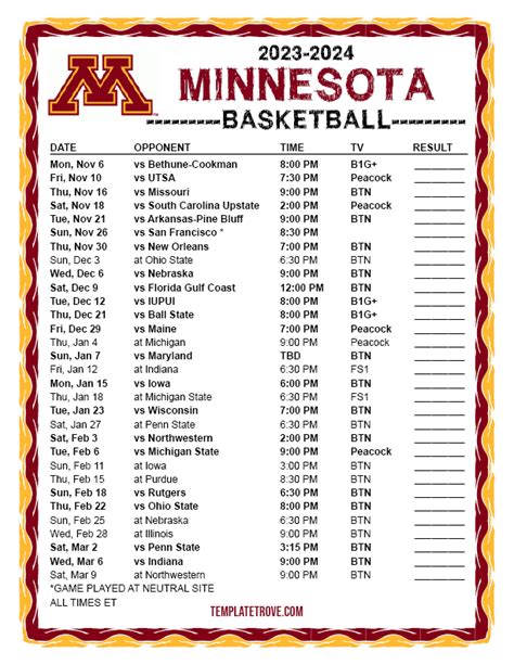 Printable 2023-2024 Minnesota Golden Gophers Basketball Schedule