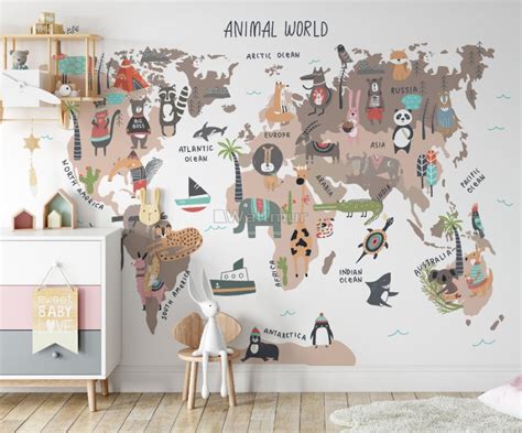 World Map with Cartoon Animals Kids Wallpaper Mural - Wallpaper • Wallmur® World Map Wallpaper ...