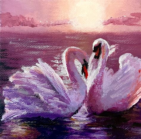 Swan Art Wildlife Art Swan Lake Romantic Painting 4x4 Mini Canvas ...