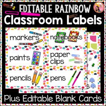 Editable Classroom Labels - Rainbow dot Borders with pictures ...