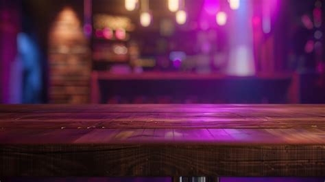 Premium Photo | Wood table top counter with night cafe club background in use for display ...