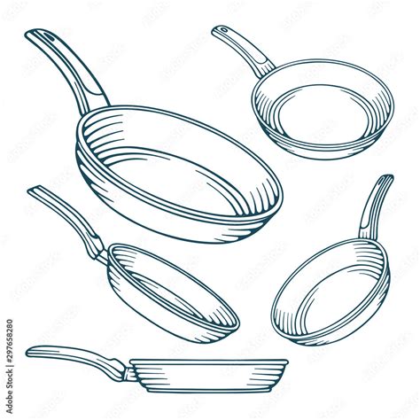 Frying pan. Frying pans hand drawn vector illustrations set. Frying pans sketch drawing icons in ...