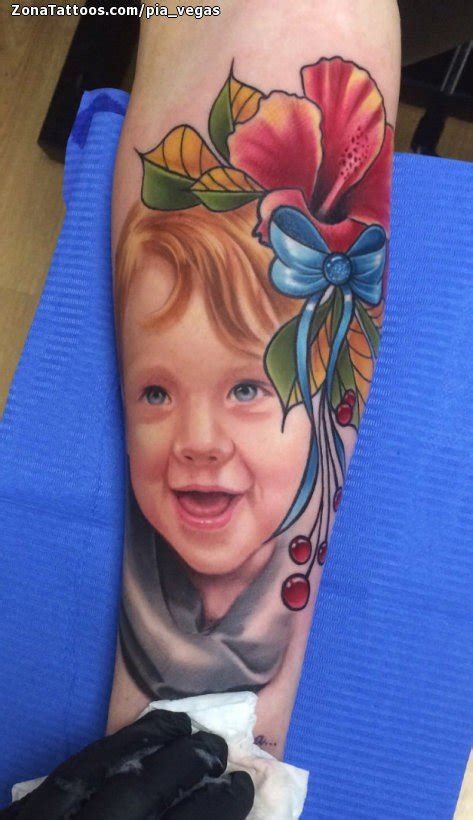 Tattoo of Portraits, Flowers, Ribbons