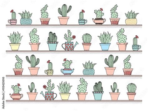 Colorful background with cute cactus set in simple hand drawn style ...