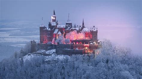 Wallpaper : Castle Hohenzollern, snow, Germany, winter, sky, mist, forest, trees, lights ...