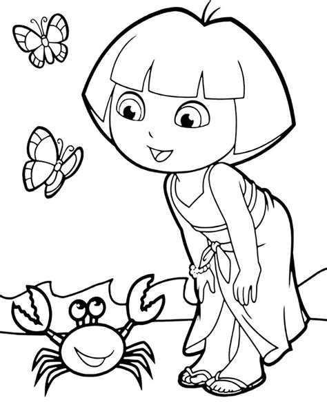 Dora on a beach printable coloring page for children