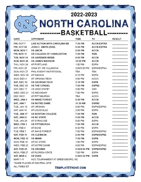 Printable 2022-2023 North Carolina Tarheels Basketball Schedule