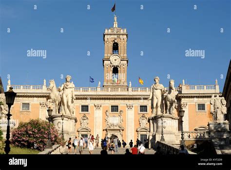 Italy, Rome, Capitoline Hill, Piazza del Campidoglio, statues of Castor and Pollux and Palazzo ...