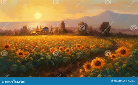 Sunflower Field at Sunset. Oil Painting of a Rural Landscape Stock ...