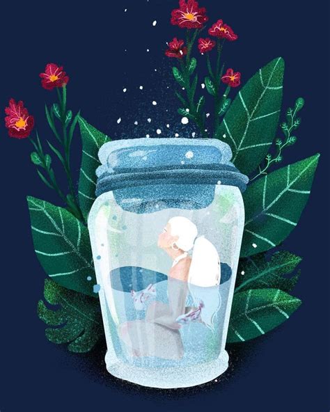 a jar filled with water sitting on top of a lush green leaf covered ground next to red flowers