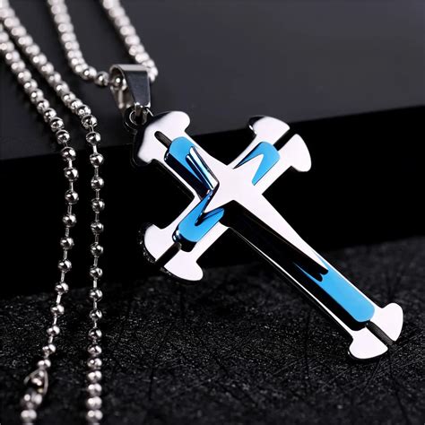 Mimeng Titanium Jewelry Titanium Necklace for Men Classic Cross Blue/Black Necklace with Bead ...