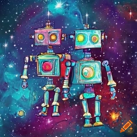 Robots floating in a star-filled space