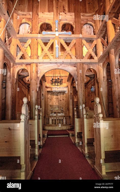 The interior of the Fantoft Stave Church outside of Bergen Norway. The ...