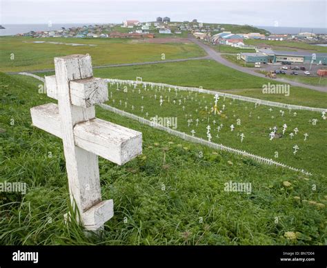 View of the Graveyard and town of St. Paul, St. Paul Island, Alaska ...