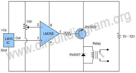 Temperature sensing switch using LM35 & LM358 | Circuit Diagram