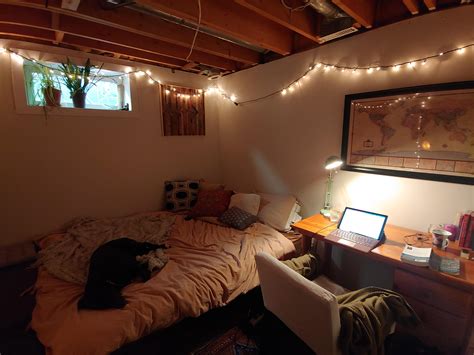 Bed, study space, and pupper in my cozy basement bedroom : r ...