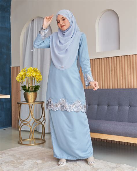 Baju Kurung Lace Safaira - Powder Blue - Kualiti Designer, Harga Luarbiasa