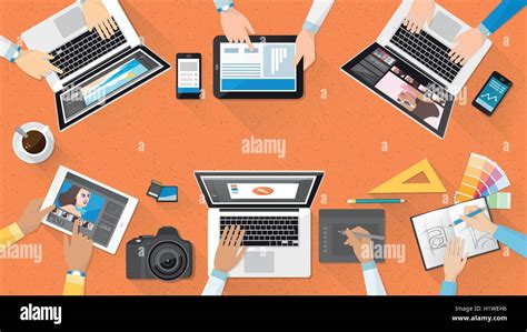 Creative team working together at office desk, teamwork and advertising concept Stock Vector ...