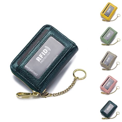 RFID Credit Card Holder, Small Leather Zipper Card Case Wallet with Removable Keychain ID Window ...