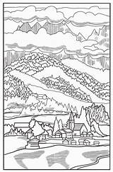 Coloring Book  Lovely Landscapemountains And Village In The valley sketch template