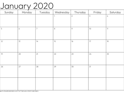 Standard January 2020 Calendar Template in Landscape