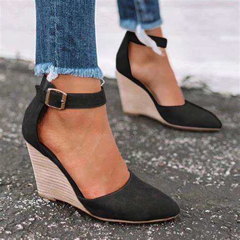 Nailyhome Pointed Toe Wedge Pumps Ankle Strap Heels | Ankle strap ...