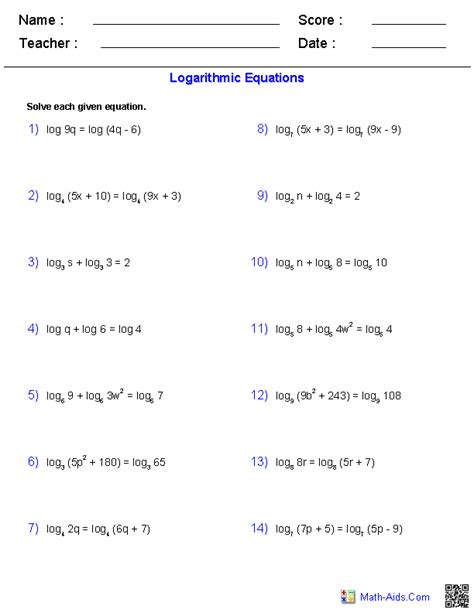 Algebra 2 Worksheets | Exponential and Logarithmic Functions Worksheets ...