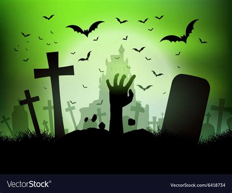 Halloween landscape with zombie hand in graveyard Vector Image