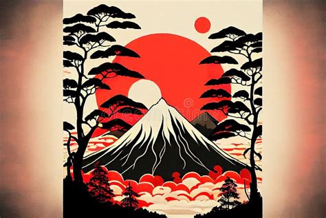 Mountains Clouds and Trees with Red Sun. Japanese Ukiyo-e, Landscape, Art Prints. Oriental ...