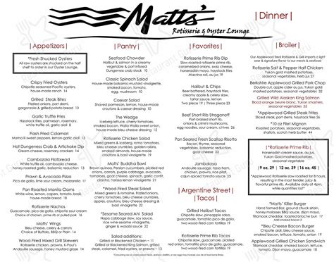 Menu at Matts' Rotisserie & Oyster Lounge pub & bar, Redmond