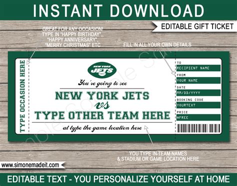 New York Jets Game Ticket Gift Voucher | Printable Surprise Football ...