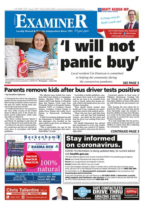 Examiner Newspapers - Gosnells Examiner Newspapers 26th March 2020 - Page 1