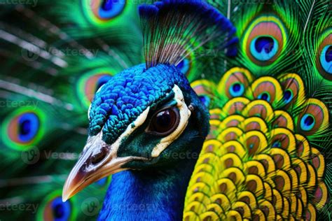 Peacock with open tail. Close up shot of a peacocks colorful plumage ...