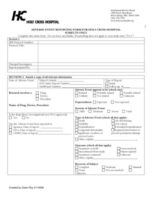 Fillable Online Adverse Event Report - Holy Cross Hospital Fax Email ...