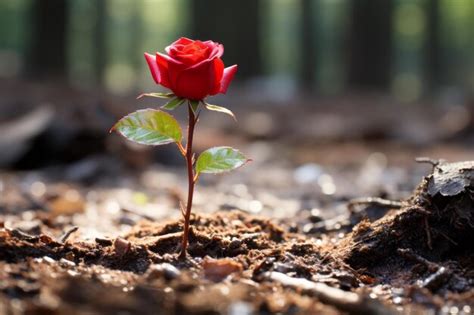 Premium AI Image | a single red rose is growing out of the ground